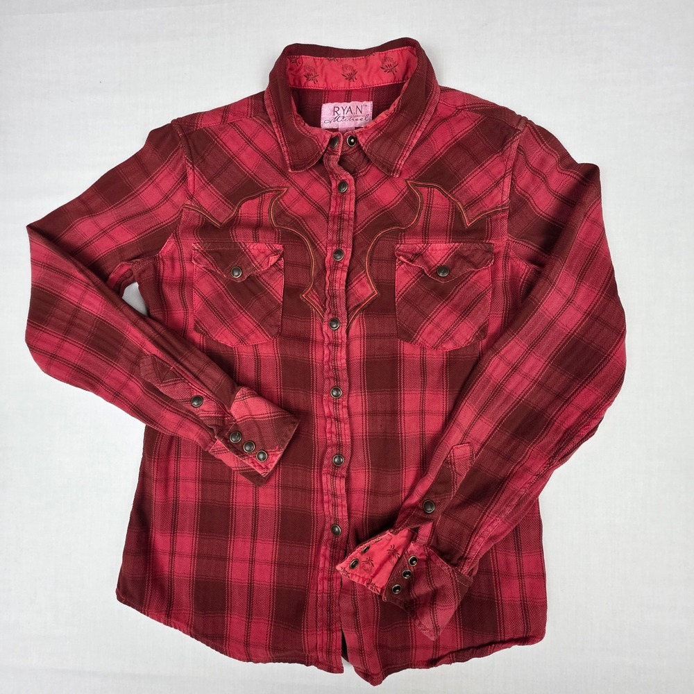 Ryan Michael Western Plaid Snap Front Shirt Women S Chili Red Embroidered Cotton